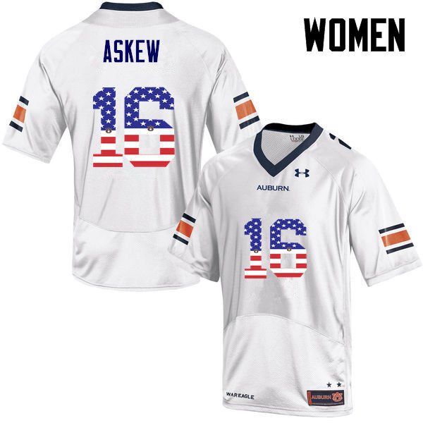 Women #16 Malcolm Askew Auburn Tigers USA Flag Fashion College Football Jerseys-White - Click Image to Close
